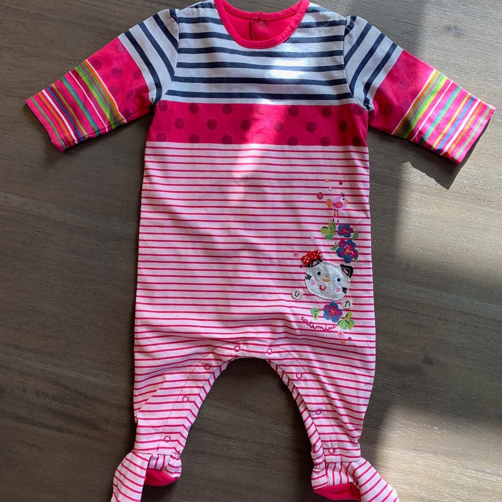 New Catamini Lined Girls Pink Striped Cat Footie